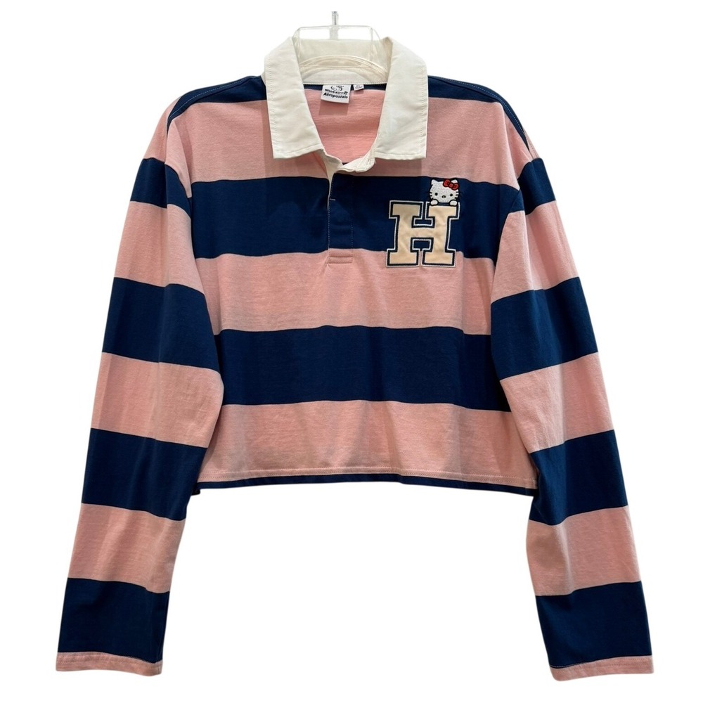 Aeropostale Hello Kitty Striped‎ Cropped Rugby Shirt Pink Navy Blue XL